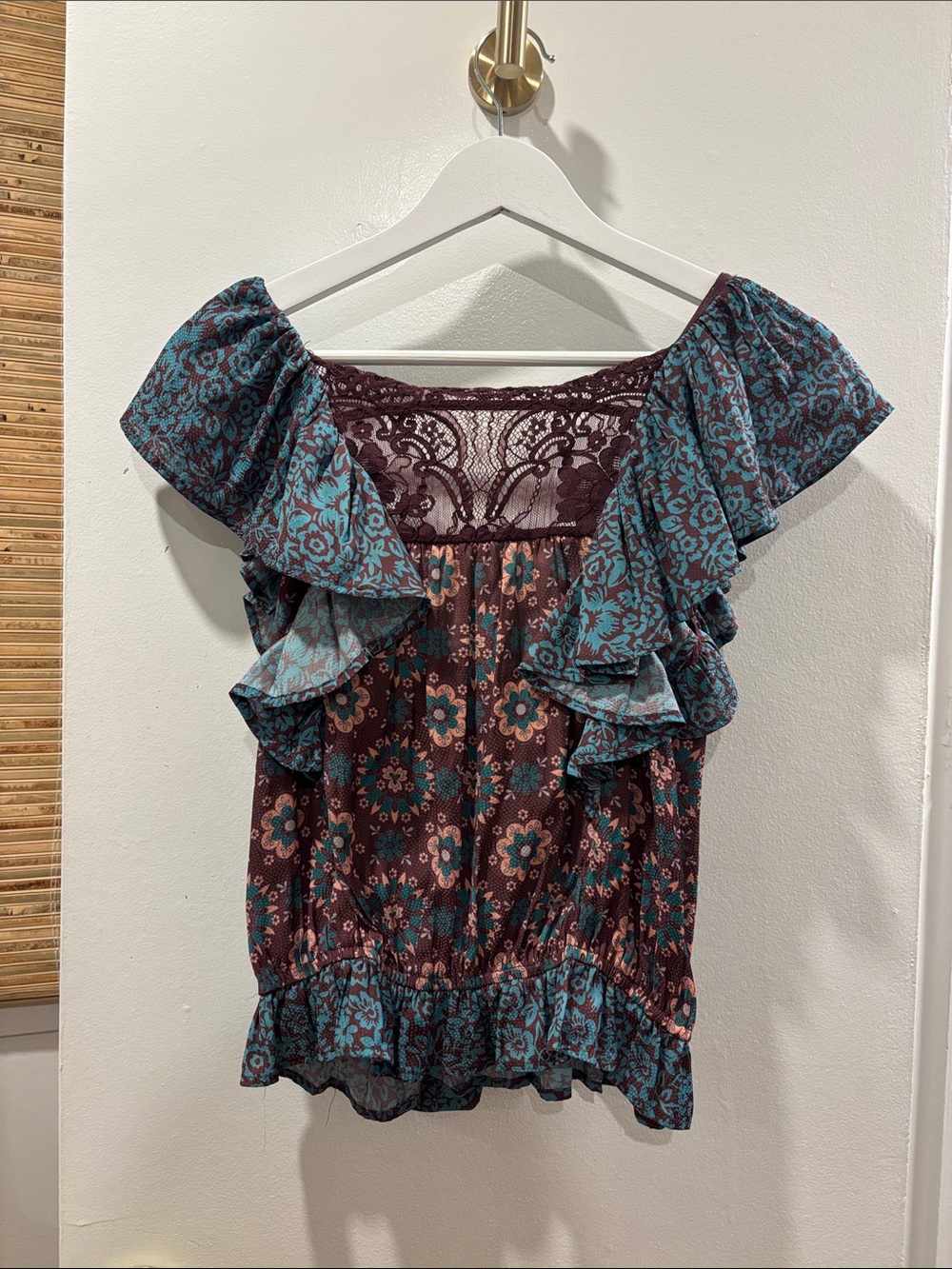 Women’s Boho Floral Off-Shoulder Top in Teal and Burgundy
